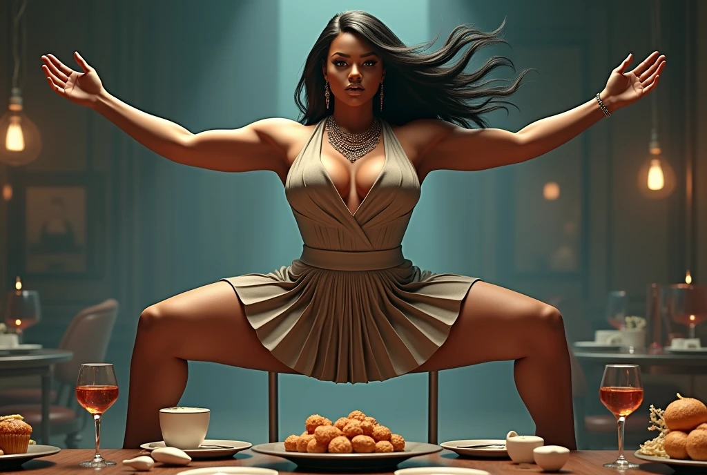 luxury business skirt suit,A fat body that looks like its clothes will burst with muscles,Create a high-resolution realist 3d image of a dark skin toned melanin elegant woman with a findom dominant and commanding persona and Prescence wearing luxurious attire, such as a tailored suits or designer dress, and posed in a confident stance. full body tall and plus size curvey body 5'9 265 lbs This mage should exude power, control, and sophistication, with a hint of mystery. the back ground is  in a fancy restaurant, surrounded by food, food everywhere, table full of food in foreground,