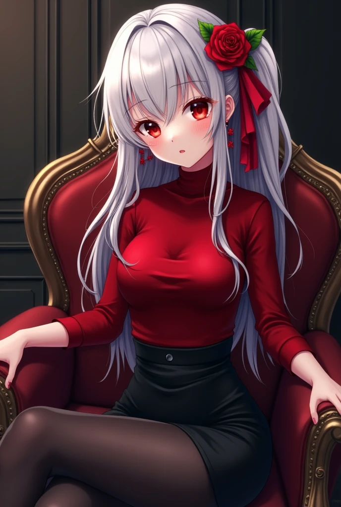 Anime woman with long white hair and blood red eyes. Wearing a red turtleneck sweater tucked into a black skirt, and leggings with high heels. She has some of her hair pinned back and a rose and some red ribbons as decoration in her hair. She is sitting in a chair with her legs crossed. She has ruby earrings on.