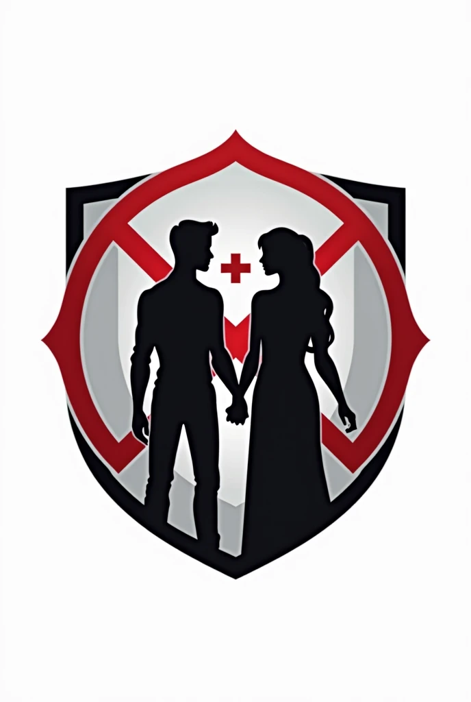 Tim esports logo, Logo Shape: Use a shield or circle with clean, bold lines for a professional look..Main Elements: In the middle of the shield, depict two silhouettes of a couple standing side by side or holding hands. Behind them, there is a silhouette of a third figure that is the same size as the couple, be slightly to the side or behind, show an attempt to interfere.The Third Figure: This figure is the same size as a couple, with a transparency effect or a slightly different color so that it is not too striking, but it's still clearly there.Rejection: Add a large cross or red rejection element above the third figure to emphasize that the figure is unwanted..color: Use a black or metallic gray base color for the armor. Red accents for the cross and other details for strong contrast..Text: The name 'Anti-Hero' is added below or around the shield in a bold, modern font to make it look professional..Background: color latar belakang putih untuk memudahkan penghapusan background dan memastikan logo terlihat bersih dan jelas.