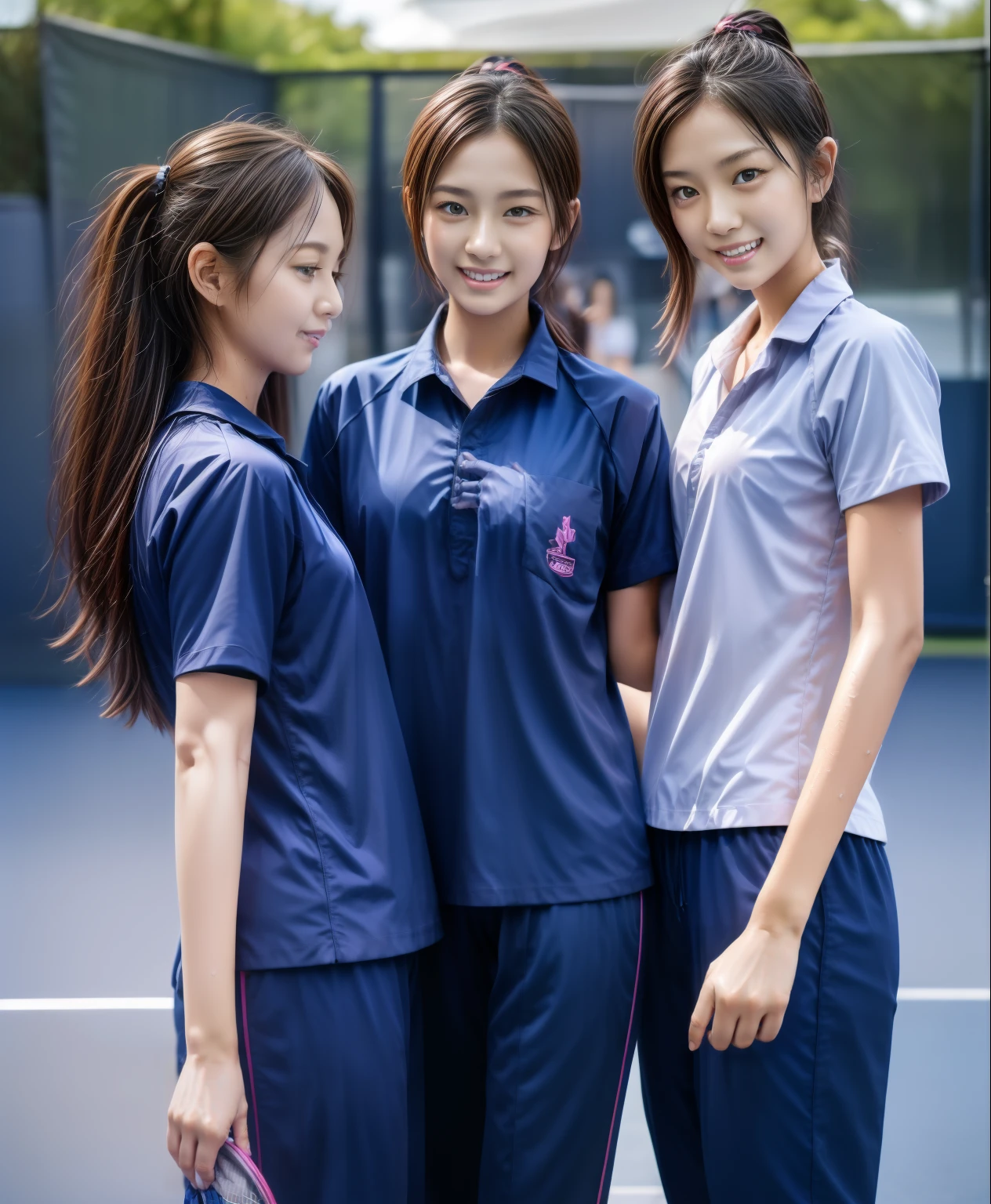 3 girls play tennis at tennis courts, Navy blue short-sleeved shirt,Navy Long Trackpant,Sweatpants, Sweatpantsขายาว,2 girl, lesbian, sexy, exercise clothes, wet body, exercise clothes