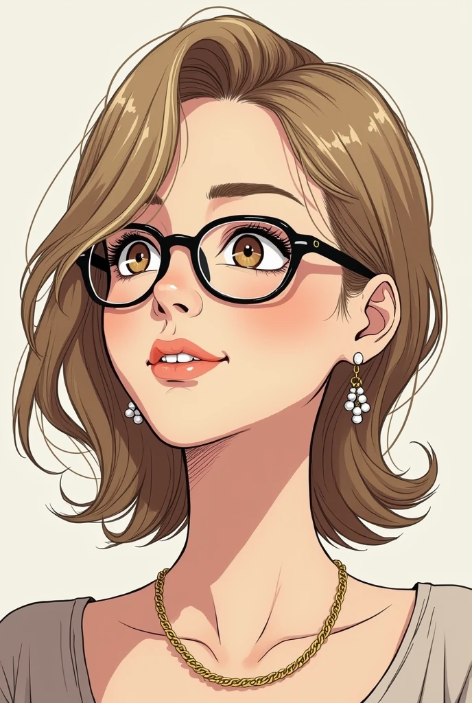 Style manga, Une femme de 35 ans blanche avec cheveux châtains clair avec des mèches blondes longueur d'épaules. La raie de cheveux est sur un côté. Elle a les yeux marrons et des lunettes légèrement hexagonales arrondies noires. Lèvres fines. Elle sourit timidement. Collier chaine dorée avec des petites perles blanches. Petites boucles d'oreilles dorées