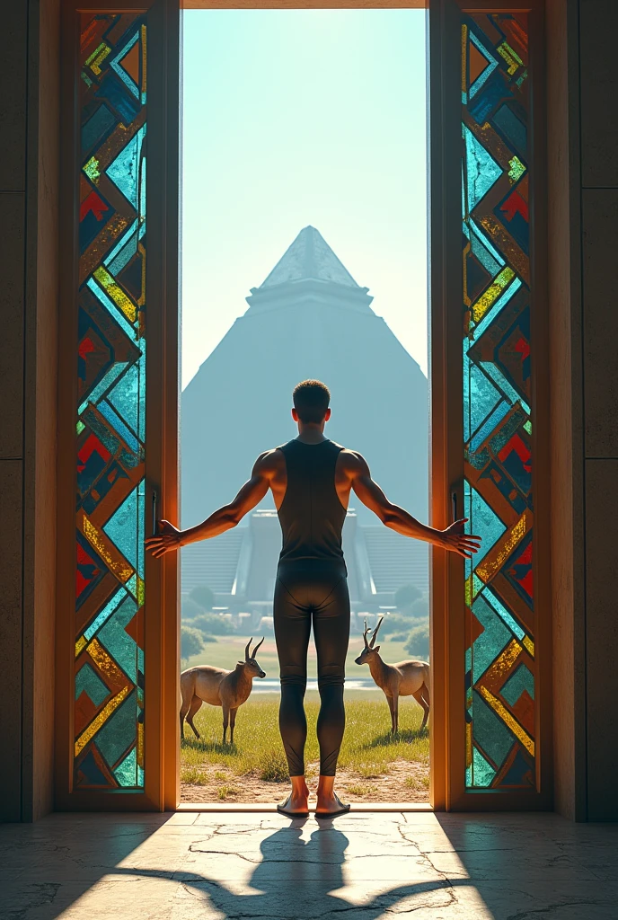 Un homme avec des vêtements futuristes pousse des deux mains des portes futuristes avec des figures géométriques de couleurs différentes sur la porte et devant lui une pyramide avec de l'herbe et des animaux .