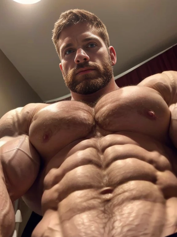 brunette, Masterpiece, denoise, void noise, one man, best quality, 8k resolution, male focus, focus only, amazing composition, volumetric lighting, super quality, elegant, Very detailed, front view, -----------, muscular, (pale skin), ((((((Caucasian man)))))), very handsome, (light-blue eyes), ((messy hair)), big ears, (hairy), scruffy beard, (((shirtless))), (((facing viewer))), extremely huge muscles, rippling chest, portrait, (huge bulky muscles:1.3), (looking at viewer:1.5),