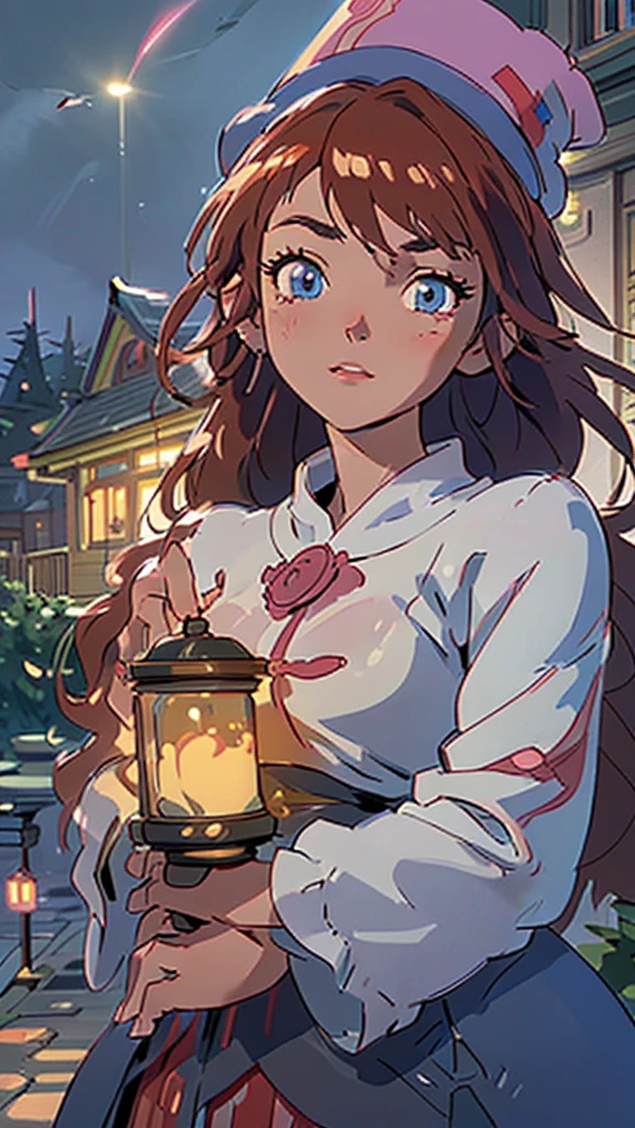 Mana Kirishima, beautiful detailed eyes, beautiful detailed lips, extremely detailed face, beautiful detailed dress, beautiful detailed hat, city at night, street lights, moonlight, cinematic lighting, detailed architecture, intricate details, glowing lights, moody atmosphere, photorealistic, 8k, highly detailed, masterpiece