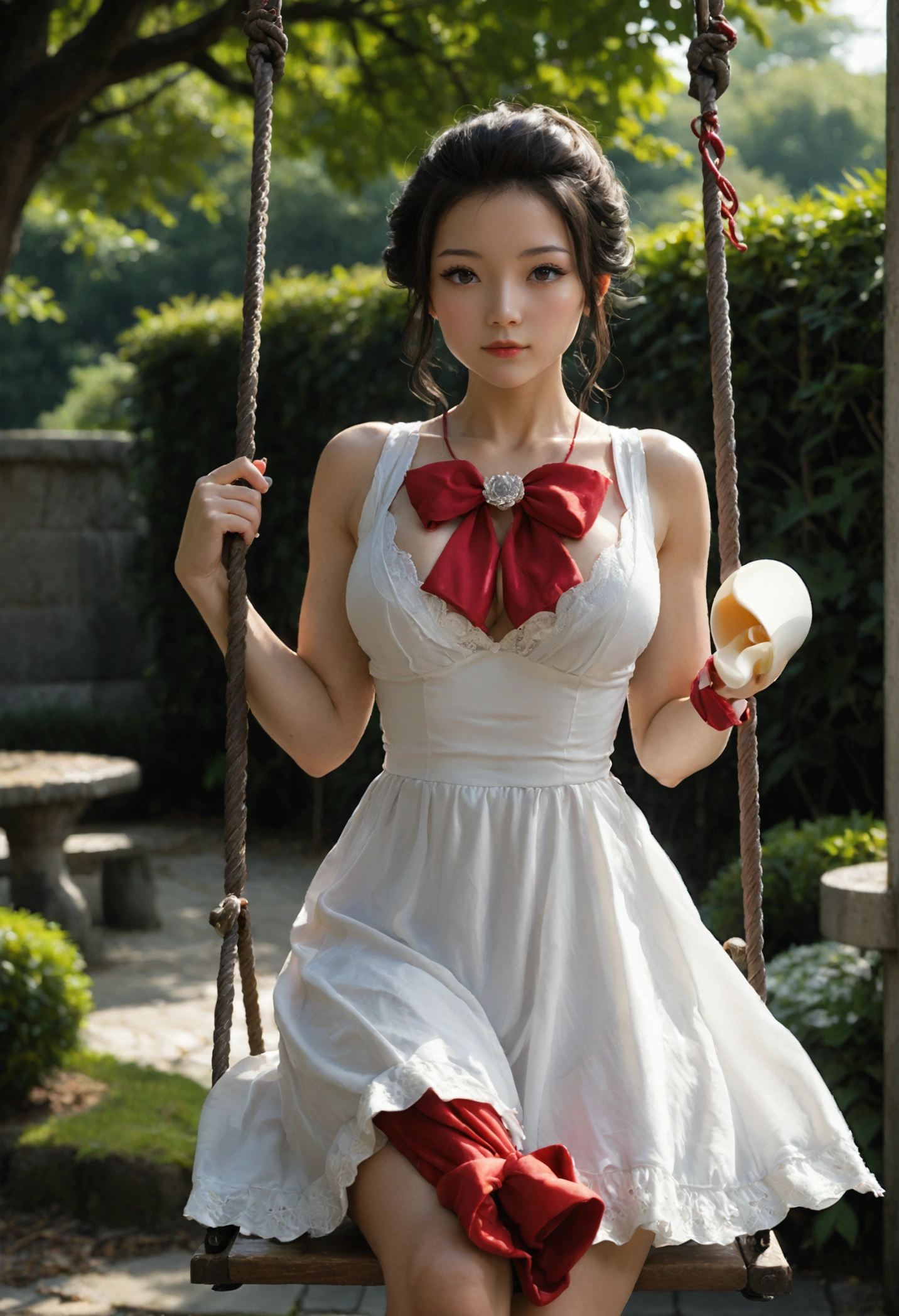 Japanese beauty、2、F cup bust model、Cleavage、White dress、Panty shot、Swing