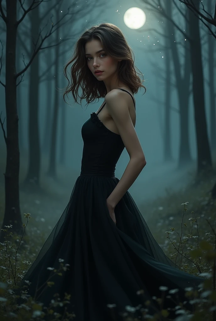 Beautiful brunette girl with brown eyes and shoulder length hair in elegant black dress walking through the forest at night