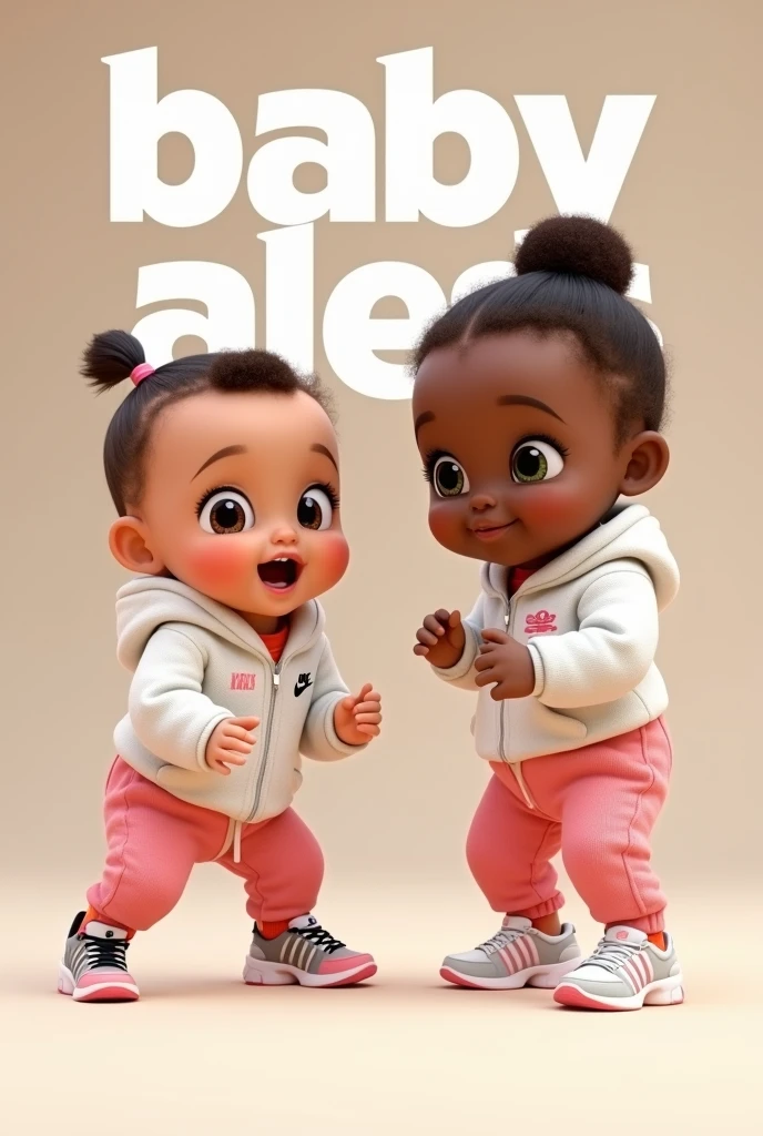 Pixar  dressed in white Nike sweaters, white adidas sweater and pink nike pants and nike sneakers and adidas sneakers long and short brown hair brown and green eyes playing and in the background the text baby aless