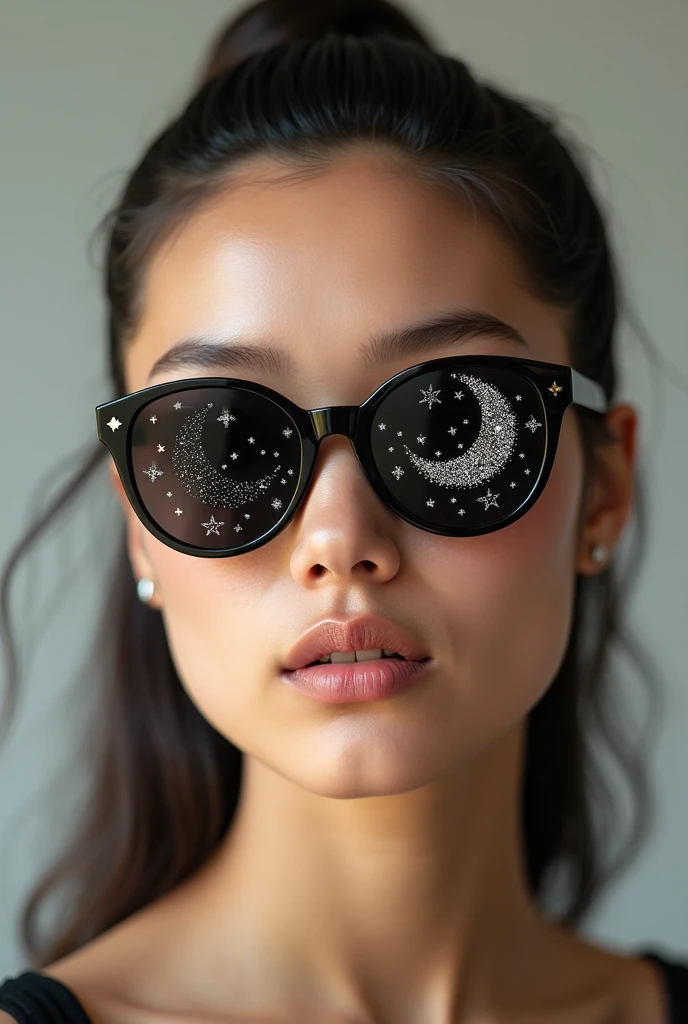The model is wearing glass sunglasses with stars and the moon on the glass