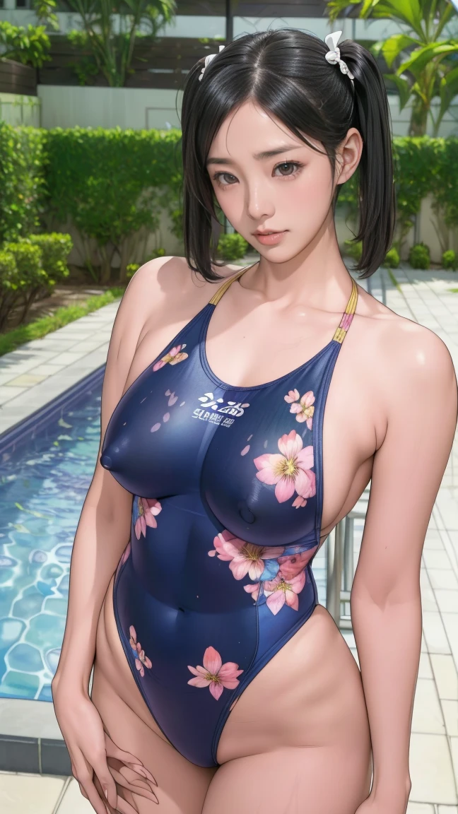 Highest quality, Official Art, masterpiece, Fabric Shading, High resolution, Very detailed, colorful, Indoor swimming pool, Best details, (Adult,30 years old, Mature Woman, conversion:1.5, Female dog, short hair, Black Hair, Twin tails、Clear, beautiful eyes、Tired Hair, Floral print swimsuit:1.5, Center of chest, Puffy nipples:1.3, skinny:1.5, Camel Toe:1.5, Public indecency:1.5, Beach:1.5, derogatory, people々々々Surrounded by:1.5 ,smile