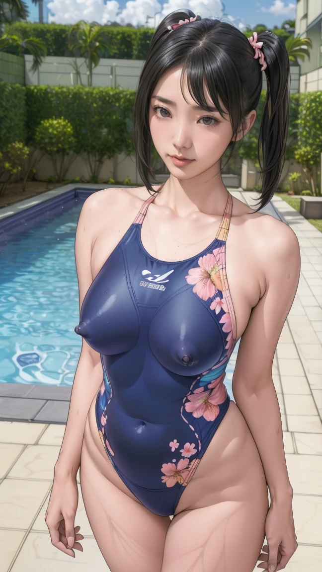 Highest quality, Official Art, masterpiece, Fabric Shading, High resolution, Very detailed, colorful, Indoor swimming pool, Best details, (Adult,30 years old, Mature Woman, conversion:1.5, Female dog, short hair, Black Hair, Twin tails、Clear, beautiful eyes、Tired Hair, Floral print swimsuit:1.5, Center of chest, Puffy nipples:1.3, skinny:1.5, Camel Toe:1.5, Public indecency:1.5, Beach:1.5, derogatory, people々々々Surrounded by:1.5 ,smile