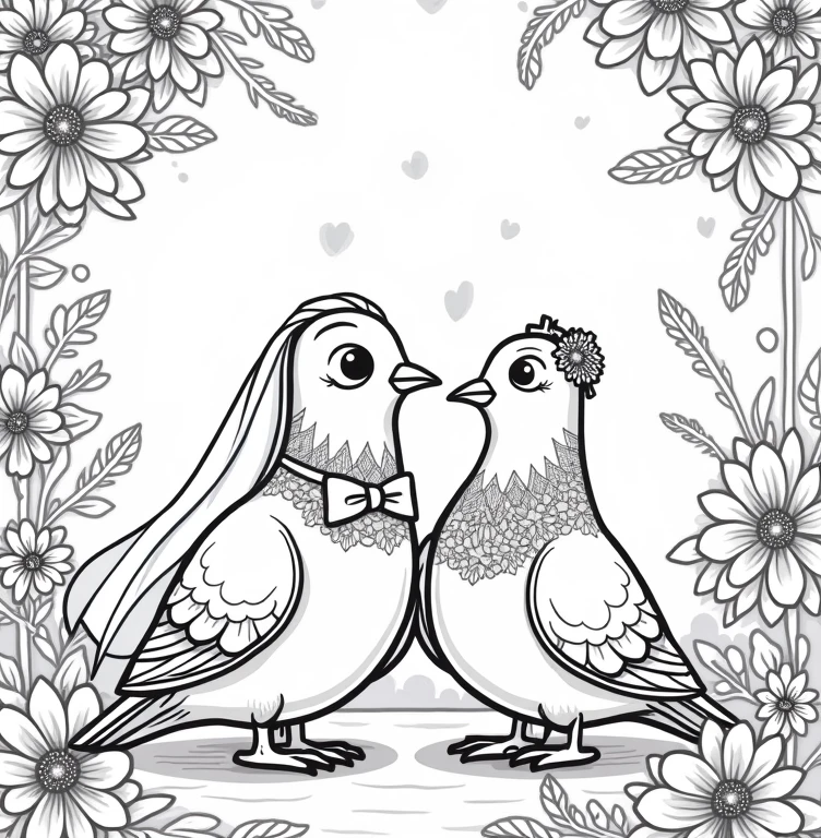 Line art for a children's coloring book with a Pixar-style wedding theme, featuring a couple of pigeons dressed as a bride and groom in love.
