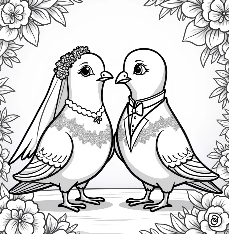 Line art for a children's coloring book with a Pixar-style wedding theme, featuring a couple of pigeons dressed as a bride and groom in love.
