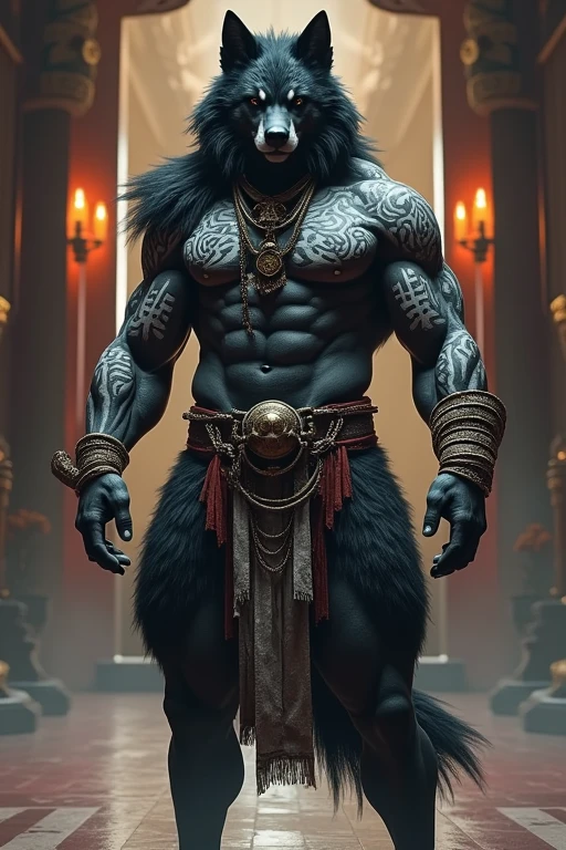 male, semen, Black wolf, (Furry body,) black body, high quality, Realistic, Muscular, Large scale, shrine, sacred, White tattoo, Furry, masterpiece, (Full nudity, Sticking out the penis., luxurious loincloth, Luxury Accessories, Erection under the cloth,) sacredな, Japanese style