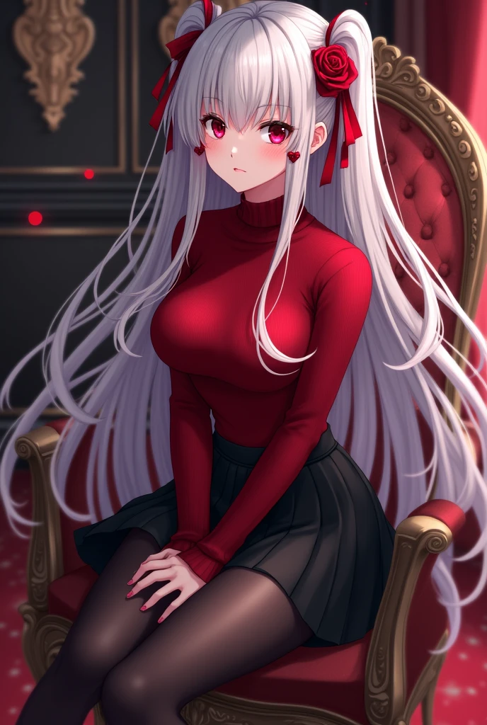 Beautiful anime woman with long white hair and blood red eyes. Wearing a red turtleneck sweater tucked into a black skirt, and leggings with high heels. She has some of her hair pinned back. A rose and some red ribbons decorate her hair. She is sitting in a chair with her legs crossed. She has ruby earrings on.