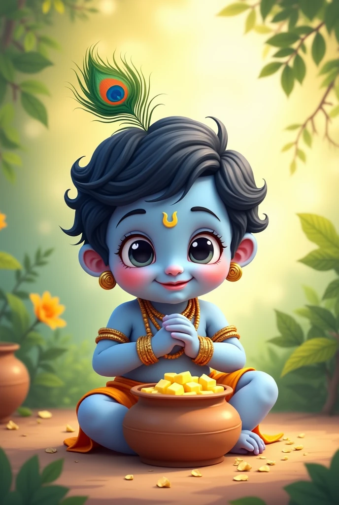 a cute little Krishna Ji eating makkhan from the mud pot sitting in beautiful scenario. Write "Happy Krishna Janmasthami" on the top left in small but attractive way. Make sure to make lord Krishna has light blue skin and slightly smiling cutely and a peacock' s one feather on his head and his hair must be tied nicely and cutely