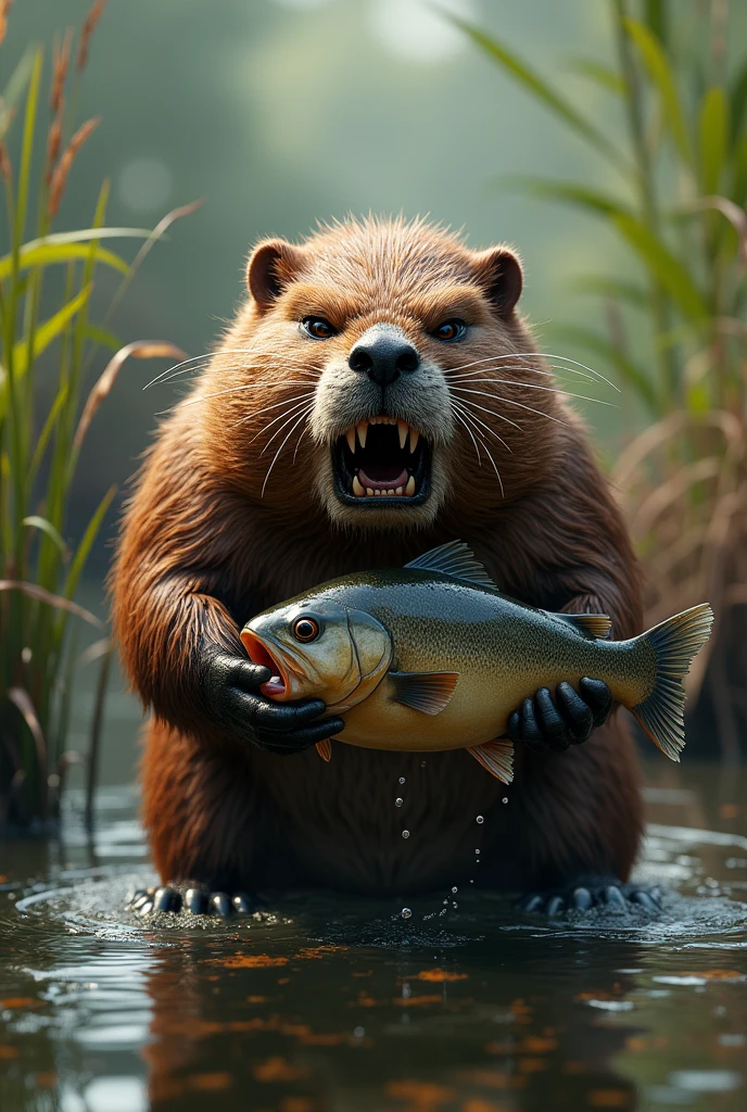 Angry beaver carrying fish