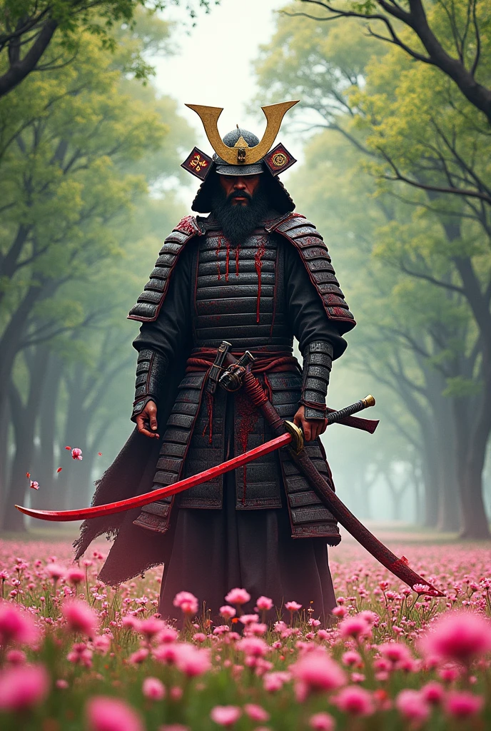 Samurai covered with blood in an open land full of trees and pink flowers
