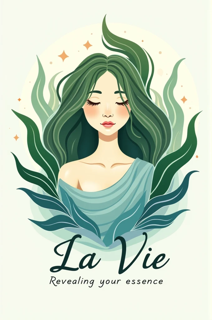 Hello. How are you. Could you help me make a logo for a 100% shampoo brand?% natural. It&#39;s called La Vie,. I want you to transmit, hair health, peace, self-love, Connection with Nature, the slogan that says, reveal your essence. And if possible, Add some color to the leaves and hair. Cómo entre un verde 🌿 y un azul clarito. for hair, as if reflecting the connection between water and land

  