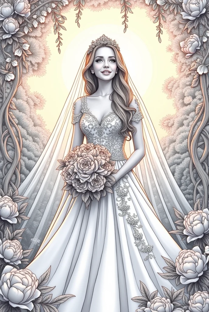 Wedding coloring page where the bride is beautiful and realistic