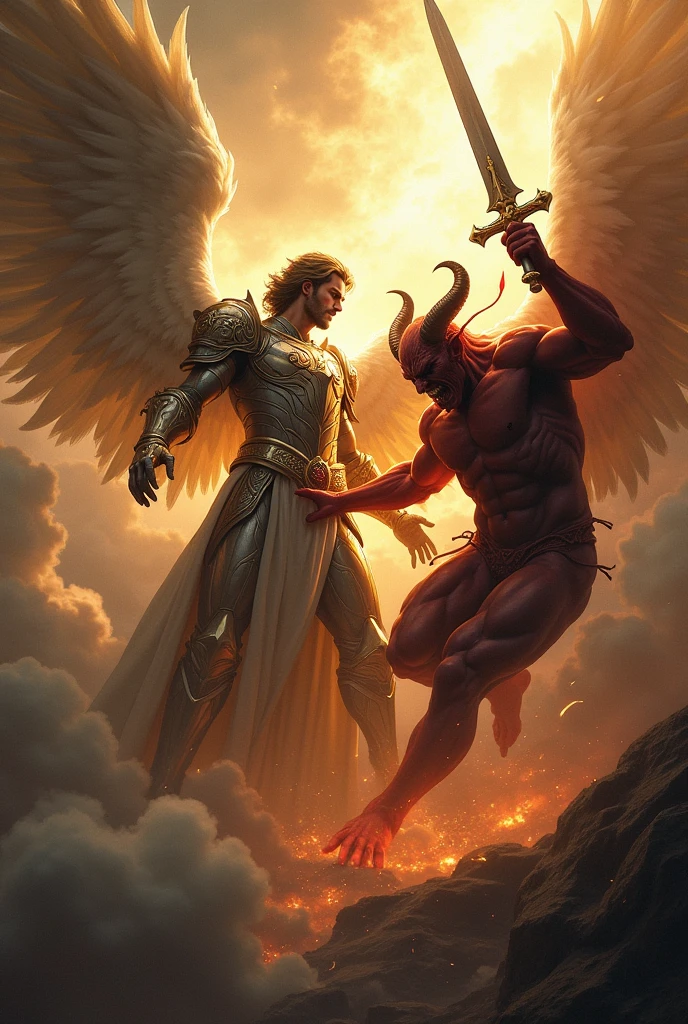 Archangel Michael strikes the devil with the sword