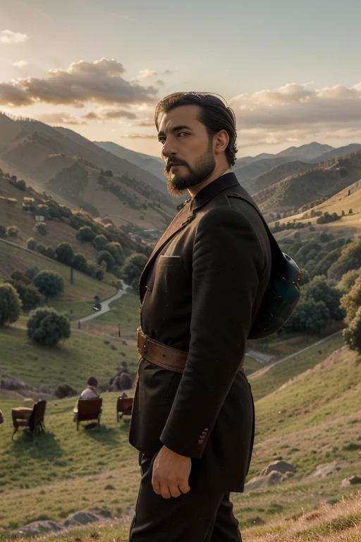 (best quality, masterpiece), a man, short black hair, trimmed mustache and chin beard, golden hour, he is standing on the side of a hill, behind him rolling hills and mountains, mediaval, fantasy, far away some small old time villages in the valley, clouds, birds, very detailed background
