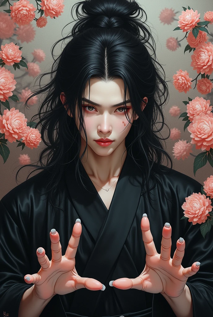 Beautiful demon man painting,Beautiful demon man painting, Vicky Chao, The superhuman strength of a demon, The strong demon, Unrivaled strength, The demon king with unparalleled supernatural powers, A beautiful demon man, Sharp eyes with slit length, Beautiful and delicate eyes, Beautiful black hair, Oiran, hanpu, A profusion of flowers, Beautiful flowers blooming behind, Five-fingered hands, Inspired by Chen Yifei, Works that influenced Francesco Hayes, Inspired by Hendrik Terbruggen, Jean=Works that influenced Auguste Dominique Ingres, Inspired by Liu Jun, Jean=Works that influenced Auguste Dominique Ingres, highest quality, The perfect angle, Perfect composition, Best Shot, Official Art, Cinematic Light, Figurative art, Beautiful and expressive paintings, Beautiful artwork illustration, wonderful, Cool Beauty, clear, Mysterious, highest quality, Official Art, Perfect composition,The perfect angle, Best Shot, man only, Sharp contours, pretty much beautiful face, Five fingered hand, demon of kyoto, A cold and ruthless devil man, Lord of the Demons, The king of Asura who rules over the Hundred Demons, wide, Rashomon, Close-up, from the front, long hair, black hair, long black hair, purple eyes, violet eyes