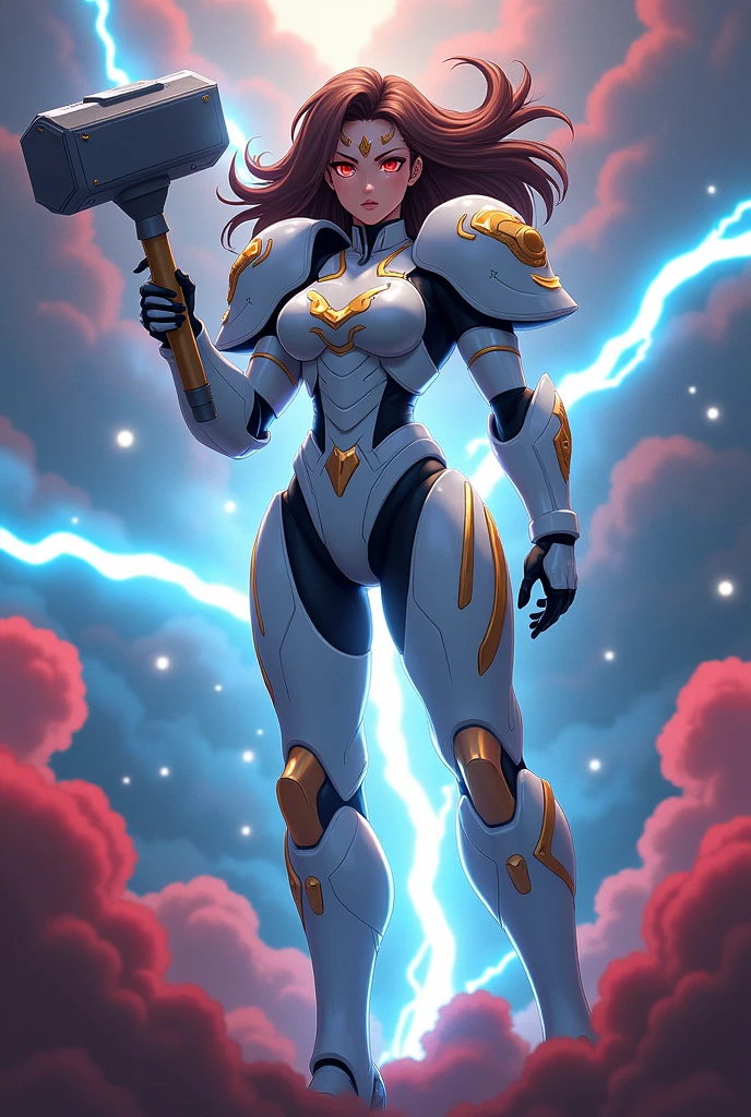 Masterpiece, best quality, ultra-detailed, anime style, solo, full body of space marine girl, Pure white power armor with gold trim, Brown Hair Style, Red eyes with geometric patterns, Nice robe, held a hammer with a giant blue lightning bolt surrounding, Standing in the midst of the bloody storm, Warhammer 40K,8k high resolution, trending art station, Dark background, whole body,
