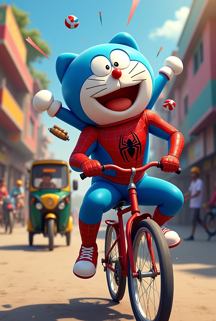 Doremon  and spiderman  funny  and crazy in india in Gujarat   cycle bike  