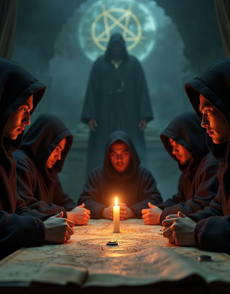 Close-up shot, Low angle shot, a candlelit room where five asian man sitting, their faces serious and determined, wearing  culthu robe with hood, the table covered with maps, books, and a glowing mysterious symbol. in the background representing the Illuminati’s influence. The contrast between the calculated plotting and creates a sense of tension and mystery, leaving the viewer questioning the true nature of the Illuminati.) unreal engine, cinematic, hyper-real, highly detailed, Ultra realistic HD --q 2 --v 6.1 --ar 9:16  