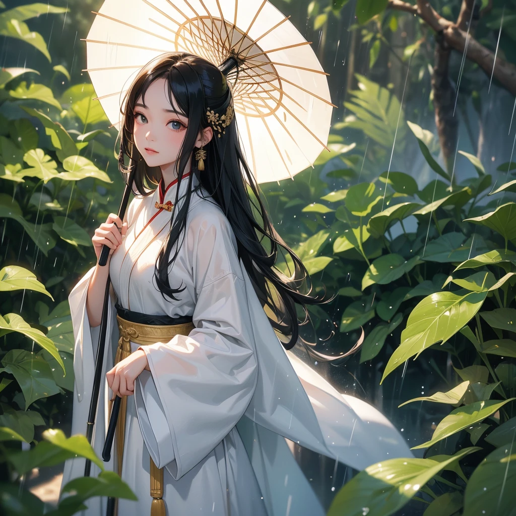 A beautiful girl with black long hair, wear white ancient chinese clothes, with the sun shining on her face, close up.

Stand holding an umbrella to protect from the rain. Rain fell and splashed around. There are water droplets falling on the leaves in the surrounding area, green and moist, the atmosphere after rain.