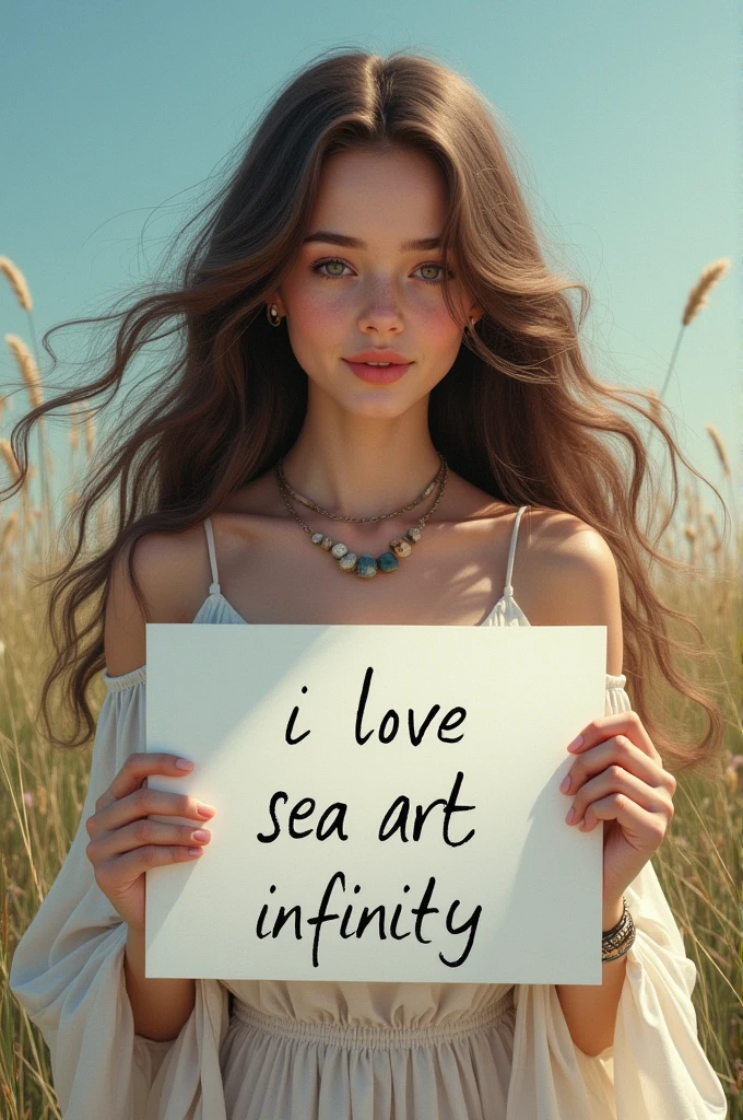 Beautiful girl with wavy long hair, bohemian dress, holding a white board with text "I Love Seaart Infinity" and showing it to the viewer
