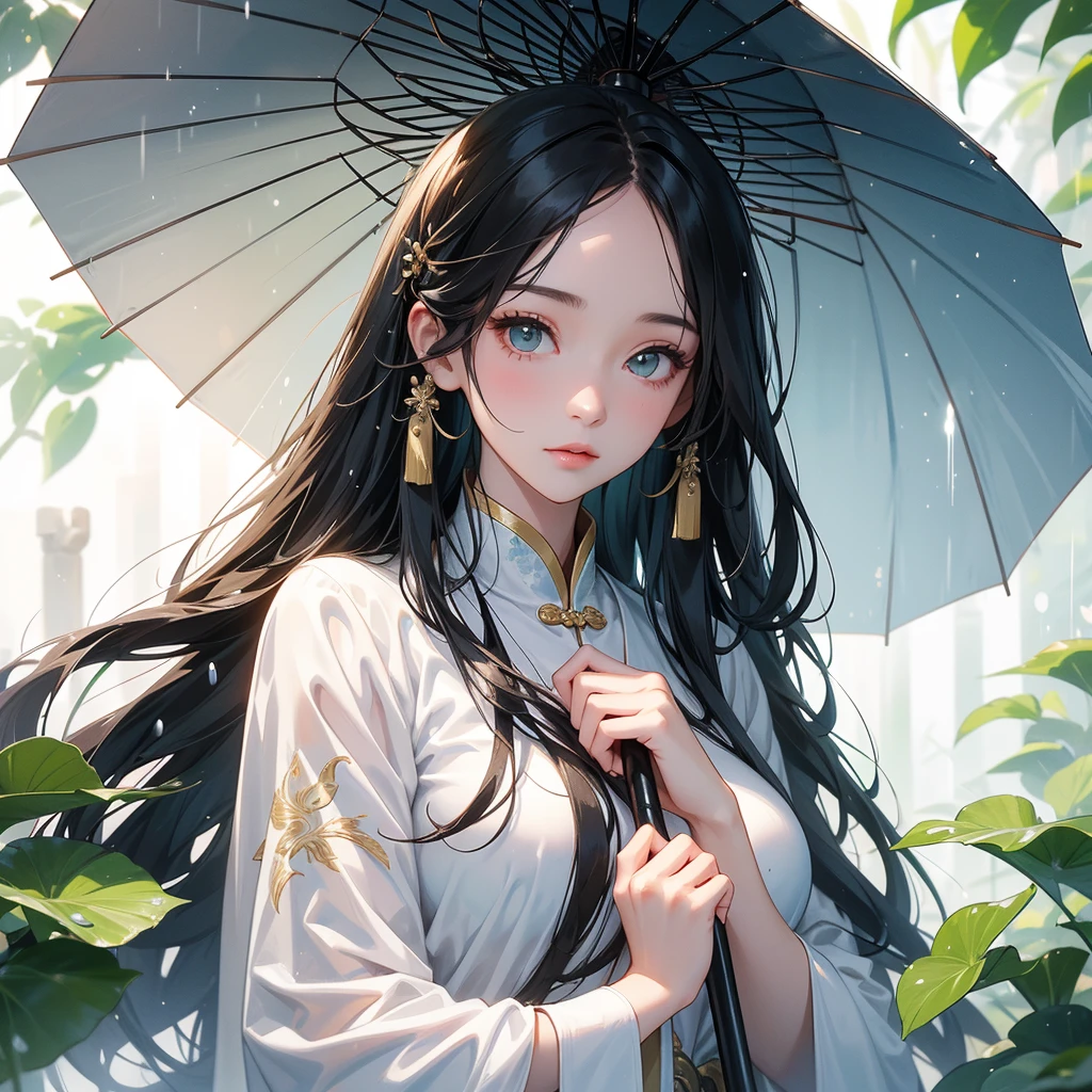 A beautiful girl with black long hair, wear white ancient chinese clothes, with the sun shining on her face, close up.
Stand holding an umbrella to protect from the rain. Rain fell and splashed around. There are water droplets falling on the leaves in the surrounding area, green and moist, the atmosphere after rain.