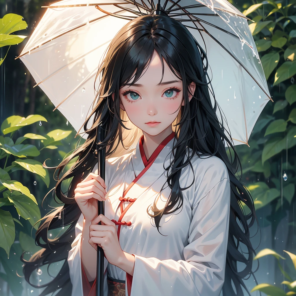 A beautiful girl with black long hair, wear white ancient chinese clothes, with the sun shining on her face, close up.

Stand holding an umbrella to protect from the rain. Rain fell and splashed around. There are water droplets falling on the leaves in the surrounding area, green and moist, the atmosphere after rain.