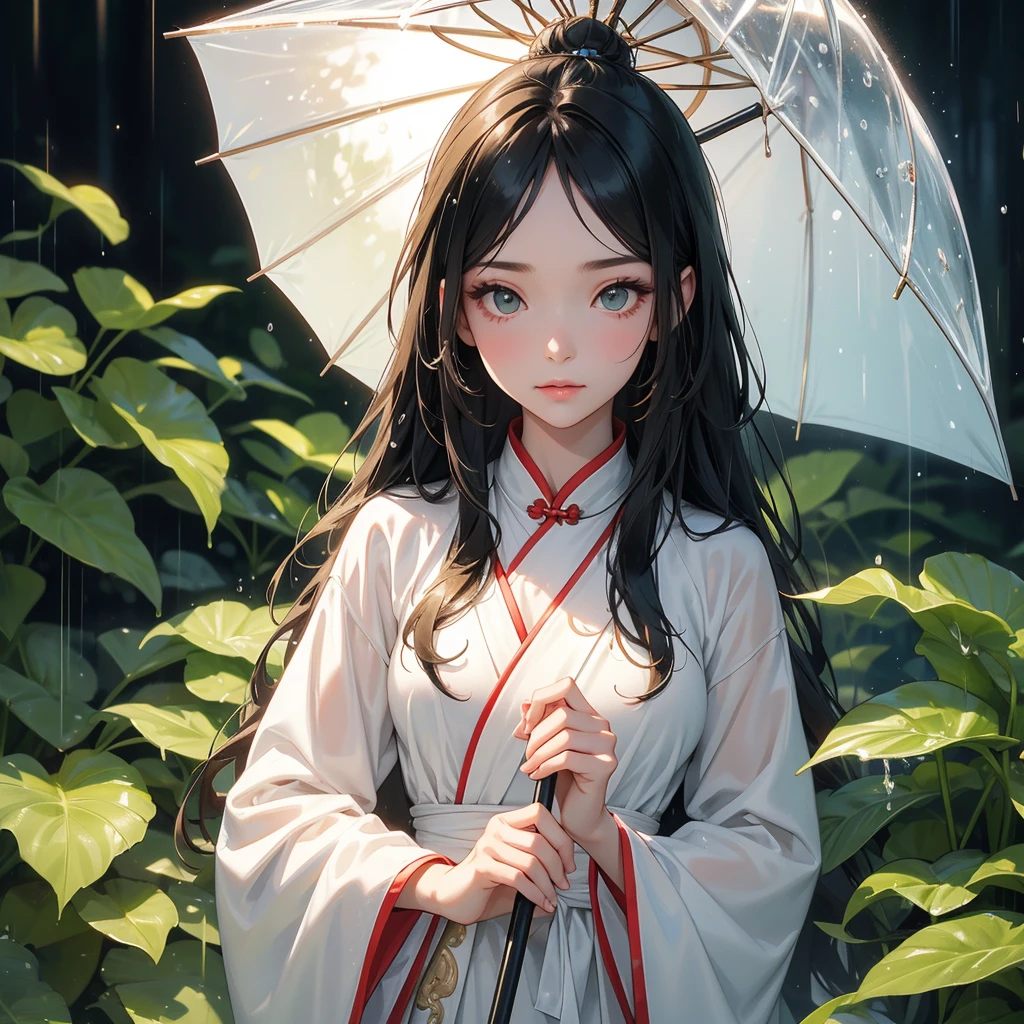 A beautiful girl with black long hair, wear white ancient chinese clothes, with the sun shining on her face, close up.

Stand holding an umbrella to protect from the rain. Rain fell and splashed around. There are water droplets falling on the leaves in the surrounding area, green and moist, the atmosphere after rain.