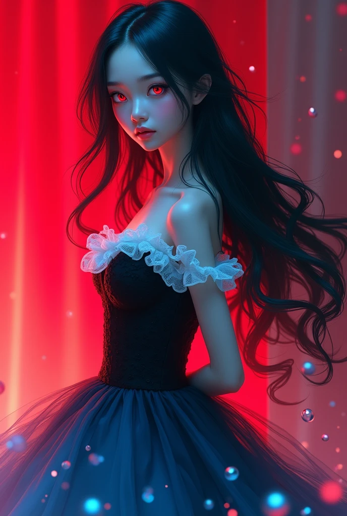 (Transparent blue art theme),(Highest quality),(Masterpiece),(Medium shot:1.5),((glow)),((arms behind back)),Soft and smooth to the touch,hyper detail,(1 woman),(alone),A neatly drawn face,A young woman with a beautiful face,Beautifully detailed, clear red eyes,Beautiful black dress with delicate white lace.,Beautiful and detailed black dress with ruffles,((Blue skirt with ruffles)),((Long sleeve clothing)),(Beautiful, flowing black hair:1.3),Pale skin,Beautiful transparent illustration,Red and white theme,beautiful smile,Soft gradient,((Standing in the red room)),(Red and white background),Dreamy atmosphere,Fascinating depth,Digital art with extraordinary detail,2.5D Art