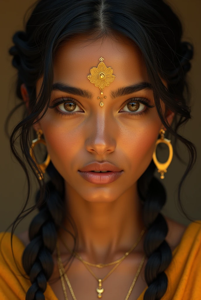 Indian girl, molten golden complex, elongated lotus eyes, pointed nose and chin, sharp eyebrows, hair braided