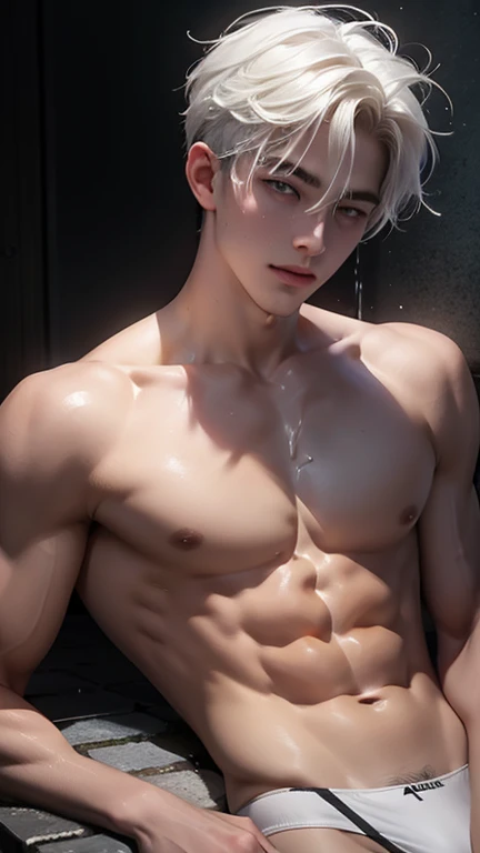 A young boy with white hair,fair skin,handsome,The triangle briefs are wet, so I took half of them off.,裸上半身Soaked in milk,Showing six-pack abs and chest muscles with water droplets on them,Soaked in milk,纖細長腿Soaked in milk,The bottom highlight is very large and dripping,Soaked in milk,Tilting their head back, they wore an expression of comfort.,hands on the floor,covered in milk,There's milk on your face too,身上Soaked in milk,Complete character,To the light,The light shines on the abdominal muscles