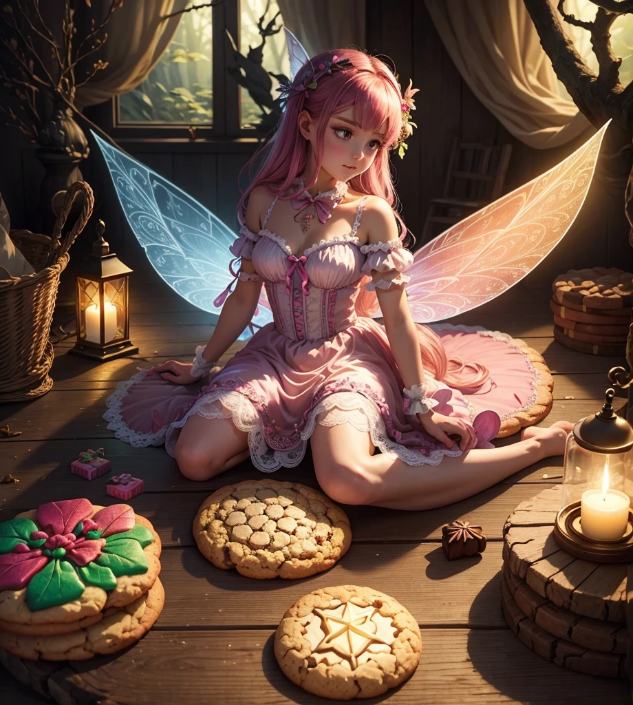 Making handmade cookies by combining them like a puzzle in the forest Candy House Fairy World chocolate Villain Fairy The light shines through Delicate lace and ribbon Light color