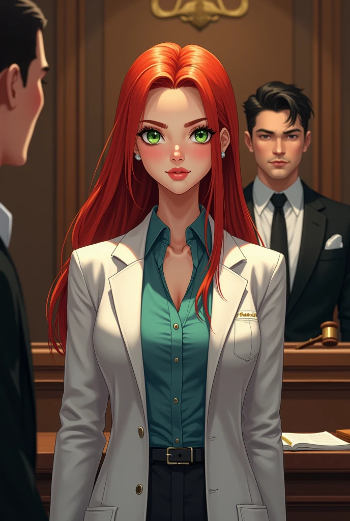 ((Best quality)), ((masterpiece)), (detailed), close-up person, young ambitious woman - doctor in a medical robe, stands before the judge; doctor facing the camera, in the interior of the courtroom; next to the judge stands a young man in an elegant black suit with pharmacological drugs in his hands. In front of the judge on the table there is a thick book and a wooden gavel.. The female doctor has long red hair, full lips, green eyes, long eyelashes, (fantasy art:1.3), highly detailed face, Beautiful illustration, (portrait composition:1.3), restrained, shallow depth of field, focus on the eyes, (rating_obvious), (check_9, check_8_up, check_7_up, check_6_up, check_5_up, check_4_up) a high resolution, masterpiece, shiny smooth skin