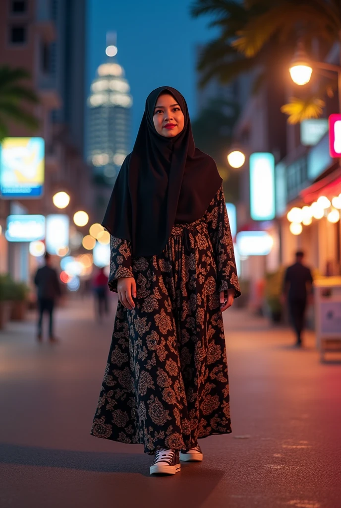photorealism:1.2), beautiful indonesian woman, slightly fat body, walking on Kuala lumpur night street, wearing pattern long gamis dress, soft black syar'i hijab, sneaker shoes, bold make up, pink lipstick, real photoshoot, out doors, soft lighting, Kuala lumpur Malaysia city background, good lighting, standing pose, relaxed pose, warm colors, HD
