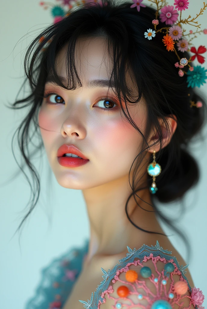 woman, Beautiful Face, perfection face, Full black hair, Pale white skin, 小さなsmile, sexy, perfection, Face zoom in, Shoot close to your face against a completely white background, 最high quality, detailed, Canon EOS 80D Photo, Tall face, indoor, (最high quality, masterpiece, Official Art, Beautiful and aesthetic:1.2), 1 girl, blonde, (hair ornaments, Earrings, flowers hair ornaments), Upper Body, Dynamic pose, Watching the audience, particle, Wind, flower, Complex background, Very detailed, (Fractal Art:1.2), colorful, (Tangled:1.2), (Abstract background:1.5), (Many colors:1.4), Pixelated fragment, Data corruption, colorful noise, Visual chaos, Contemporary aesthetics,128,000人のwomanモデル, Huge breasts, eye, ((Random short hairstyles)), High resolution, A whimsical dance unfolds against a crisp white backdrop, as a multicolored harlequin woman's upper body twirls in vibrant splendor. Her dress, a tapestry of swirling patterns, playful textures, and wispy cloud-like fabrics, radiates with kaleidoscopic colors. Stylized anatomy and fantastical details adorn her face, hair, and clothing, as soft, dreamy lighting casts subtle shading, adding depth to the composition.Upper Body, No background, Studio Lightning, ((High resolution, one beautiful young woman,latex (Soft Saturation:1.3), (Fair skin:1.2), wearing red clothes, 85mm lens,f/8.0, Background Gal, Brown Hair, Generate hyper realistic image of a beauty portrait where shadows play a crucial role in sculpting the woman's features. Experiment with dramatic lighting、Creates interesting shadows that accentuate the contours of the face。。。. masterpiece, high quality realistic photo, Realistic raw photos, high quality, 8k, Cinematic lighting, High Contrast, Bright colors, (detailedな顔:1.2),portrait of a very Large Breasts beautiful Inran_Japanese German_beauty, Very bright backlight, wear (princess dress made of ((blue flower petals)):1.3),(transcendent beauty of a flower princess:1.3), break, perfection face,perfection eyes,HD d