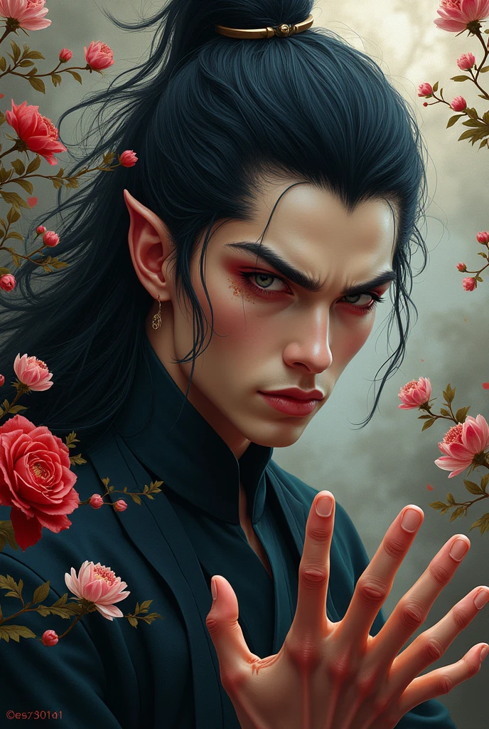 Beautiful demon man painting,Beautiful demon man painting, Vicky Chao, The superhuman strength of a demon, The strong demon, Unrivaled strength, The demon king with unparalleled supernatural powers, A beautiful demon man, Sharp eyes with slit length, Beautiful and delicate eyes, Beautiful black hair, Oiran, hanpu, A profusion of flowers, Beautiful flowers blooming behind, Five-fingered hands, Inspired by Chen Yifei, Works that influenced Francesco Hayes, Inspired by Hendrik Terbruggen, Jean=Works that influenced Auguste Dominique Ingres, Inspired by Liu Jun, Jean=Works that influenced Auguste Dominique Ingres, highest quality, The perfect angle, Perfect composition, Best Shot, Official Art, Cinematic Light, Figurative art, Beautiful and expressive paintings, Beautiful artwork illustration, wonderful, Cool Beauty, clear, Mysterious, highest quality, Official Art, Perfect composition,The perfect angle, Best Shot, man only, Sharp contours, pretty much beautiful face, Five fingered hand, demon of kyoto, A cold and ruthless devil man, Lord of the Demons, The king of Asura who rules over the Hundred Demons, wide, Rashomon, Close-up, from the front, long hair, black hair, long black hair, purple eyes, violet eyes