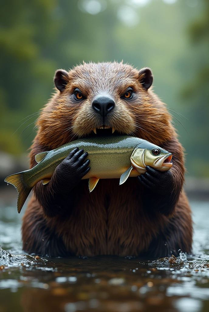 Angry beaver holding fish in his mouth