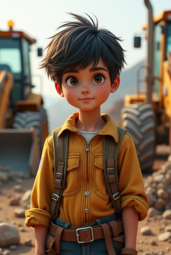a children its a boy, the theme is a worker, the background is he is in the contruction site with backhoes and bolduzer make it realistic real person black hair (the subject is in the center, in front in camera) eyes in front of camera