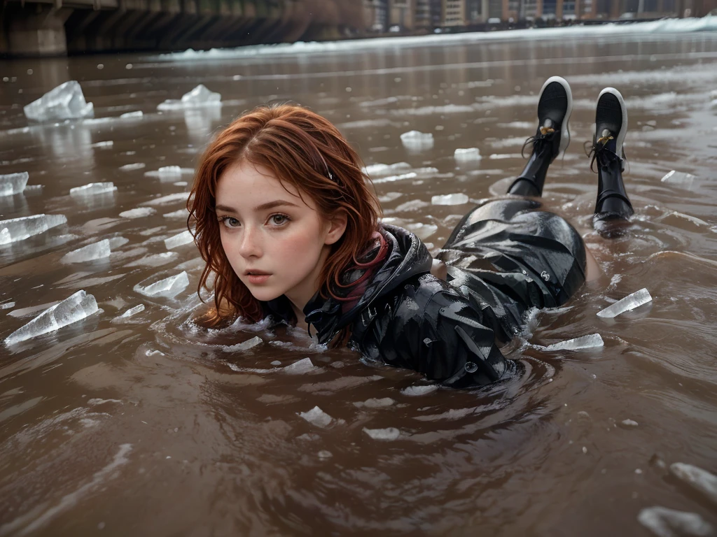 (Masterpiece, best quality:1.4), best quality, winter, ice, an european model, she dives underwater, head first, deeper to the bottom of the river