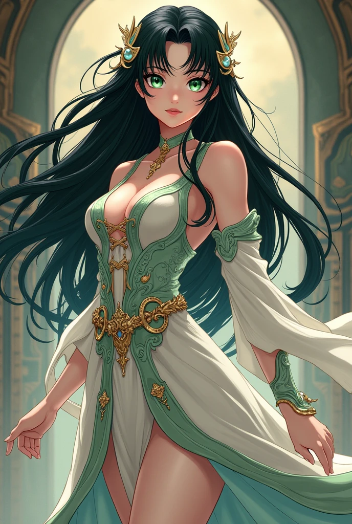 create a female character in the style of the anime Knights of the Zodiac, She has long black hair, with green eyes, white skin and a dress
