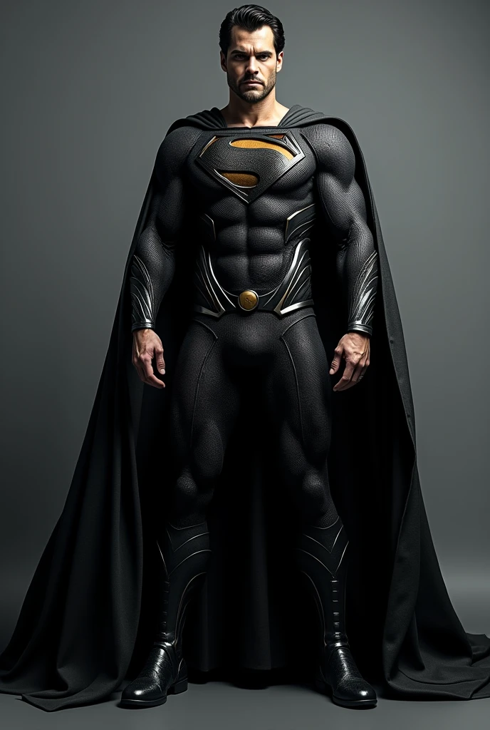 Superman is standing with his venomous snake emblem symbol that is attached on his logo and black theme on his chest, his costume is a black.