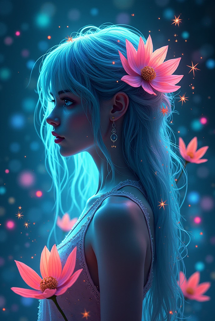 Strong backlighting makes the hair transparent, and there are many rays of light and lens flares.,The right half is drawn in ballpoint pen, the anime character is depicted in many colored flowers and stars flying toward her by a background of stars and colorful lights, 1girl, ,cowboy shot, ,no ,bioluminescence, blue glow, cyan glow, green glow, red glow, monster girl, monster girl encyclopedia,,bioluminescence, blue glow, cyan glow, green glow, red glow, monster girl, monster girl encyclopedia, ,cinematic lighting , cinematic angle, soft light , color detail, backlighting, Depth of field, long exposure, light steps, intricate colors, vibrant colors,