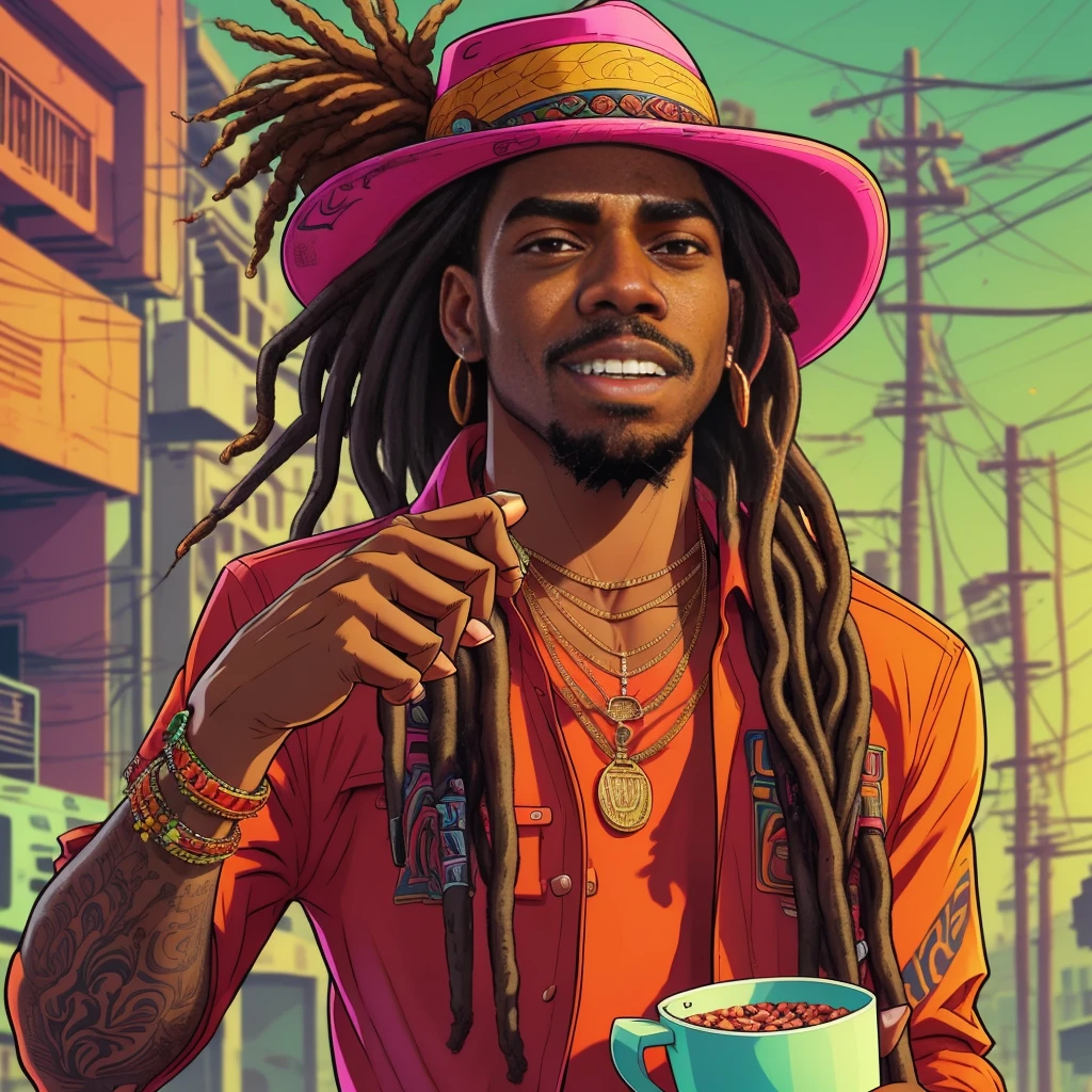 araffe man with dreadlocks and a hat holding a cup, taken in the early 2020s, a black man with long curly hair, long dreadlocks, playboi carti, professional unique master piece, 2 0 2 2, 2022, lots of dreadlocks on the head, wears a egyptian ankh necklace, dreadsGTA-style artwork ,(young people:1.5)Illustration, digital art, (GTA style:1.5),Art style of GTA, Art GTA bright colors, (cartoon style:1.2),(hyperdetail:1.15), glamorous style, best quality, holistic, high detail, serious,against a large metropolis, ((neon lighting)), ((Cyberpunk)),soft light,satirical,exaggerated,pop artstyle,vibrant colors,iconic characters,action-packed,((The background is an orange red city:1)),sun, coconut trees