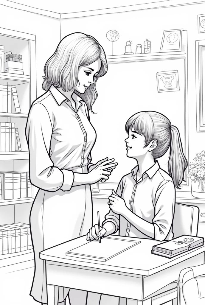 Colouring page of a teaching scene wearing a female teacher is teaching a female student
